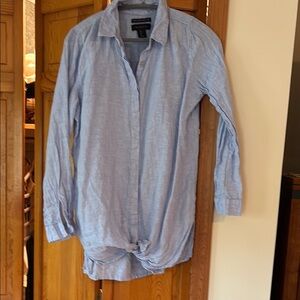 Tahari Linen Light Blue Button-Up LONG Shirt